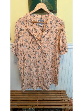Vintage 90s Venezia Floral Button-Up Blouse Peach & Blue Short Sleeve 18